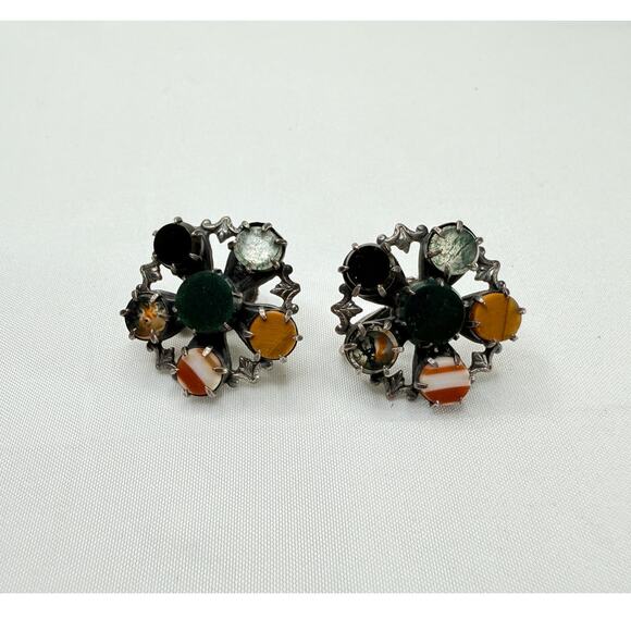 Antique Style Scottish Agate Pebble Jewelry Sterling Silver Earrings Victorian - Picture 1 of 10